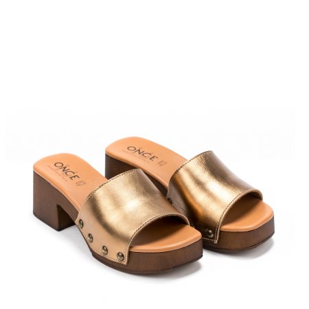 Ženske kožne papuče Once-24618 zlatne na štiklu